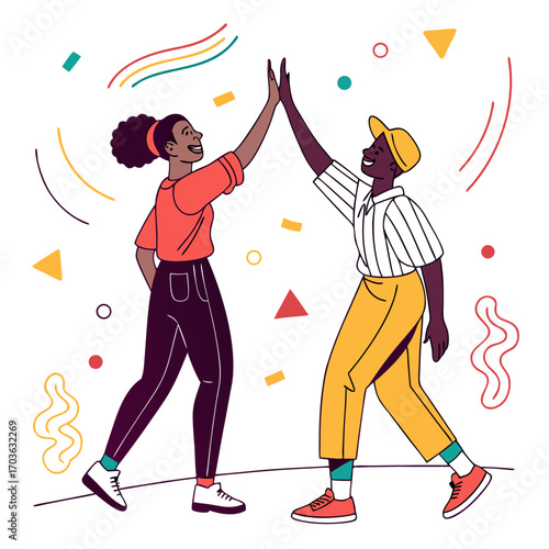 Two happy diverse friends giving each other a high five celebrating success and achievement together with confetti