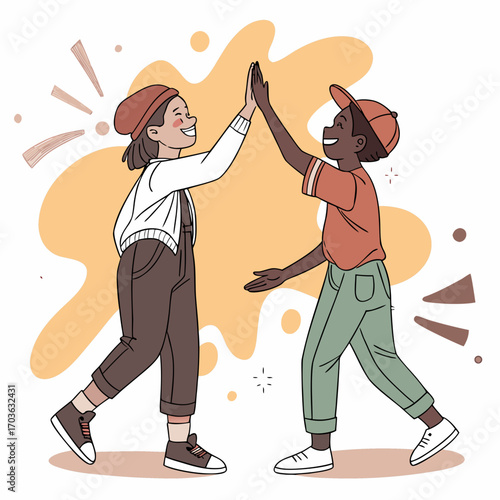 Two happy diverse children giving each other a high five celebrating a success or achievement together
