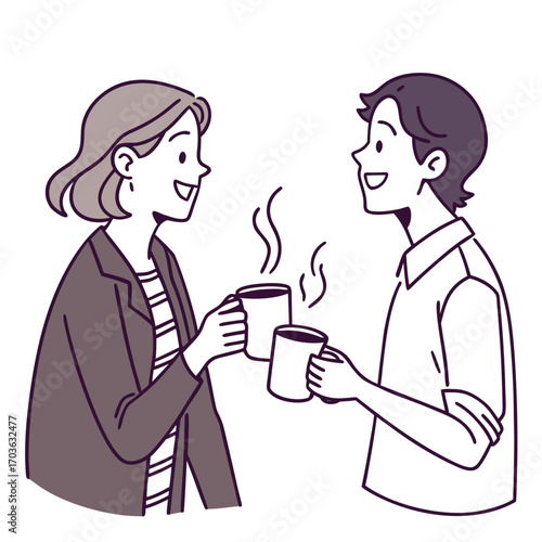 Two smiling people enjoying a warm beverage together in a friendly conversation over coffee or tea