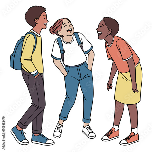 Three diverse young friends laughing together with backpacks enjoying a moment of shared joy and friendship