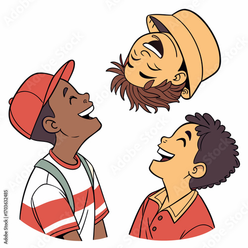 Three diverse cartoon children laughing joyfully together with expressions of pure happiness and delight