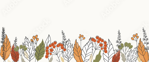 Hand-drawn autumn border with colorful leaves and berries on a white background. Elegant vector illustration, with its warm, natural color palette and a outline sketch style. For web banners, posts