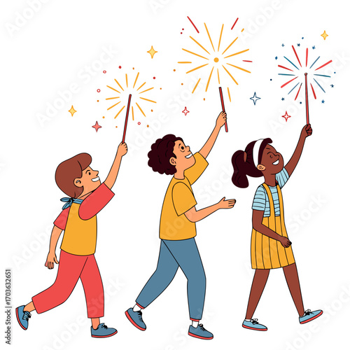 Three diverse children joyfully celebrating with sparklers and fireworks on a white background