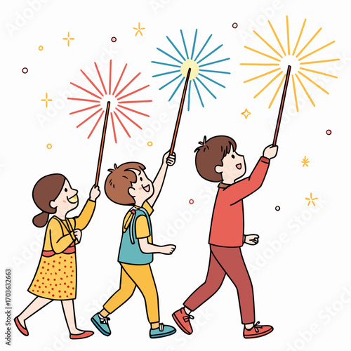 Three happy children walking together holding sparklers and watching fireworks light up the night sky