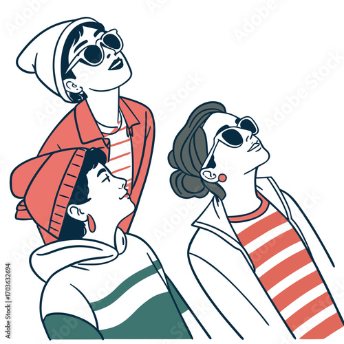 Three stylish young women wearing hats and sunglasses looking upwards with curiosity and anticipation