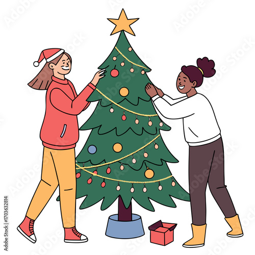 Two diverse young women happily decorating a festive christmas tree with ornaments and lights for the holidays