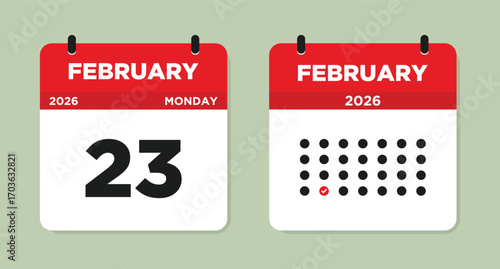 February 23 2026 Monday Calendar Page Vector Illustration. 23 February calendar page.  Modern Calendar template icon. Checklist day calendar. Week Starts on Sunday.