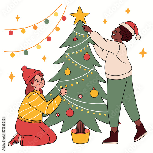 Diverse couple happily decorating a christmas tree with ornaments and lights for the holiday season