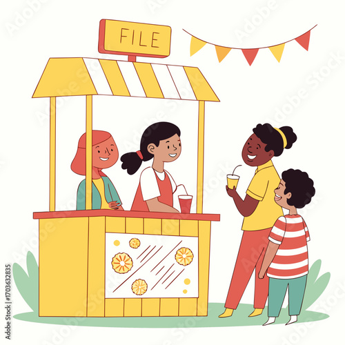 Children happily operating a lemonade stand selling refreshing drinks on a sunny day