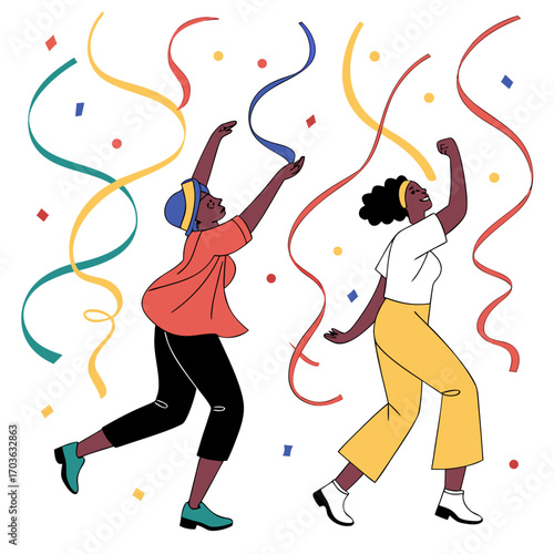 Two joyful women dancing and celebrating with colorful confetti and streamers in the air