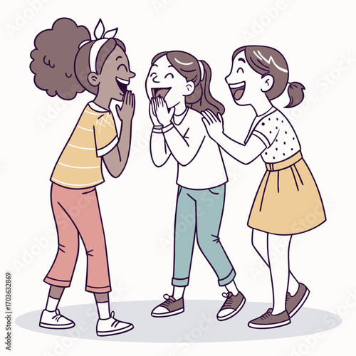 Three diverse young girls sharing secrets and laughing together in a playful cartoon style illustration