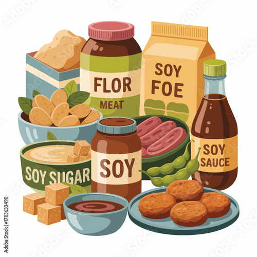Assorted Soy Products Featuring Tofu, Soy Sauce, and Soy Meat Products Keywords: soy, tofu, soy