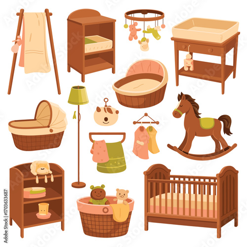 Assorted wooden baby furniture and nursery items on white background Keywords: baby furniture