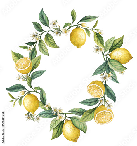Lemons, blossoms, leaves frame, white background, Hand drawn watercolor illustration of yellow tropical citrus Food on white isolated background. Drawing of lemon tree with green leaves. Sketch of jui