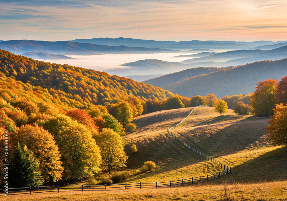 Fototapeta Autumn's Golden Embrace: A stunning vista of rolling hills blanketed in the warm hues of autumn, with vibrant trees, misty valleys, and a serene sky creating a captivating landscape.