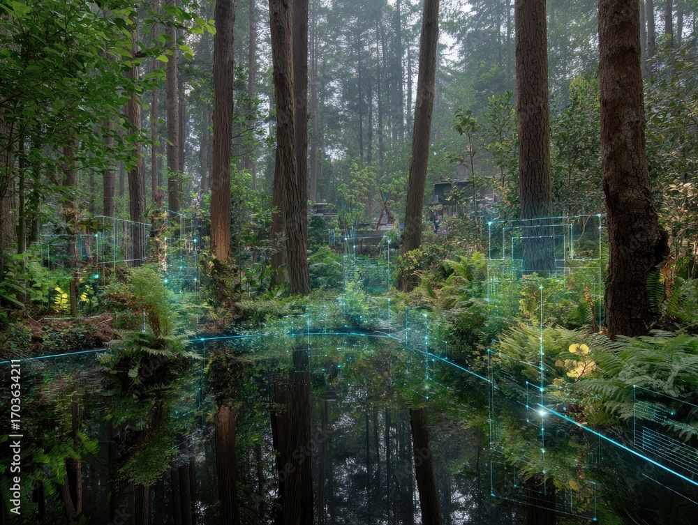 Obraz premium Forest scene with water reflecting tall trees and digital overlays