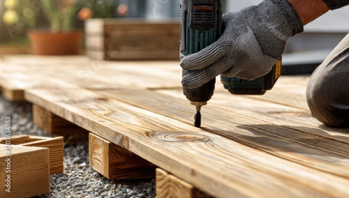 Close-up of person installing wooden deck