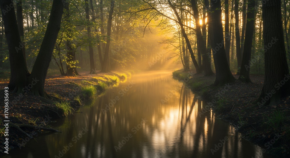 Obraz premium River Flowing Through Misty Forest at Sunset