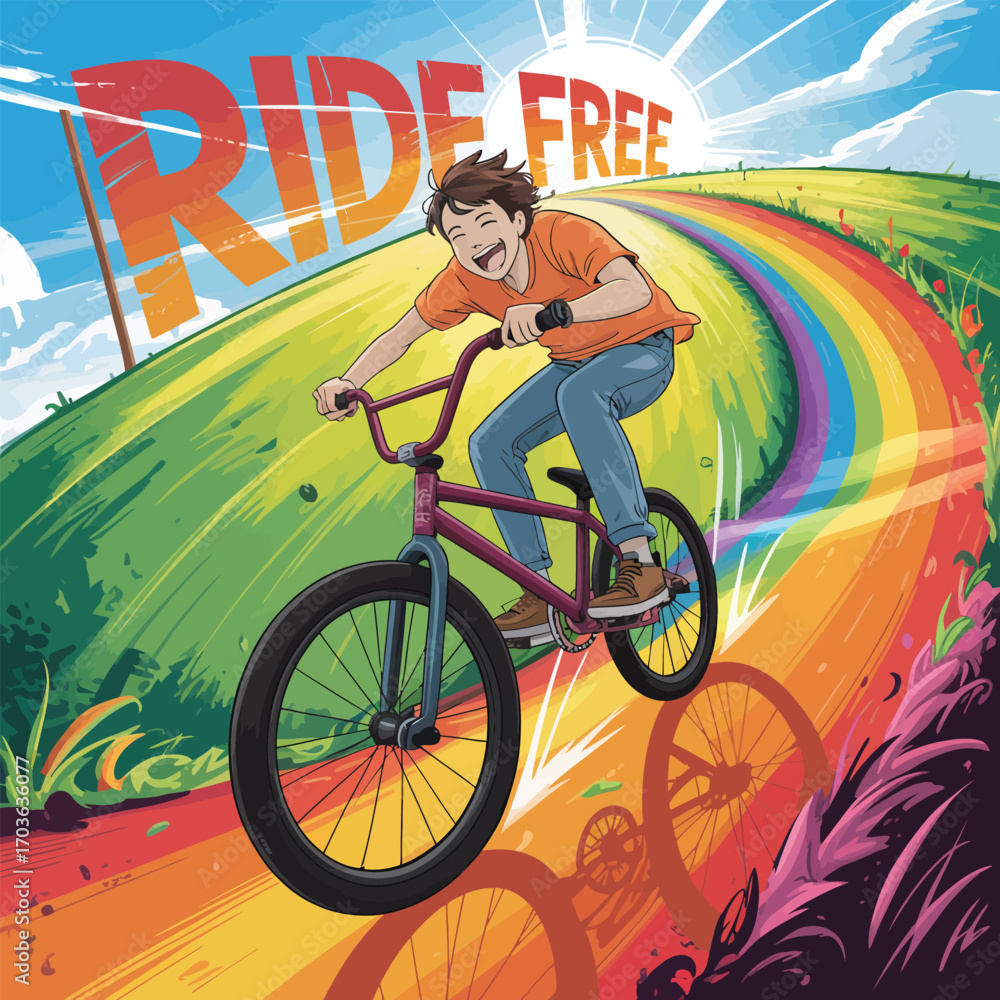 Naklejka premium Cheerful boy on aBMX bike on a rainbow path with ' RIDEFREE' text riding