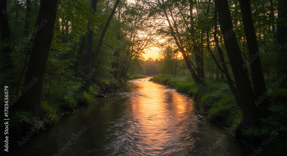 Obraz premium River Flowing Through Forest at Sunset
