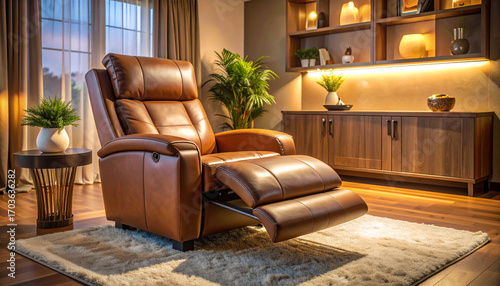 Cozy Leather Recliner with Footrest in Warm Living Room
