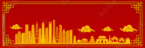 China's National Day celebration background template with silhouettes of historical buildings and modern skylines and clouds. Great for banners, posters and social media.