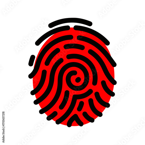 Unique red fingerprint vector icon isolated on white, a conceptual design for themes of personal identification, privacy, and digital security technology
