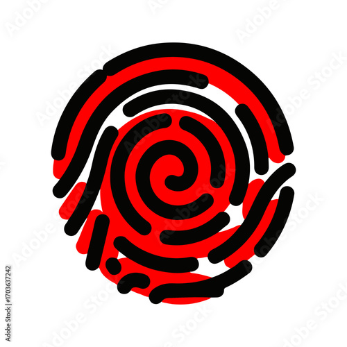 Vector illustration of a unique biometric fingerprint with a red digital glitch effect symbolizing cyber security, identity, and authentication