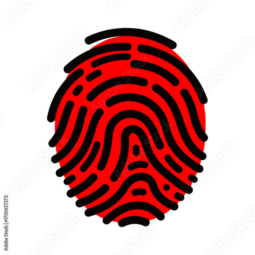 Biometric identification vector icon featuring a unique red thumbprint symbol for secure login and data protection concept