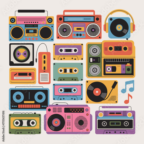 Colorful collection of vintage cassette tapes boomboxes and headphones Keywords: vintage, retro