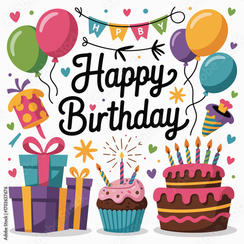 Colorful Happy Birthday Celebration with Balloons Gifts and Cake Keywords: birthday, celebration