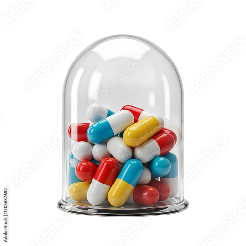 Symbolic prevention — pills under glass dome isolated on white background, PNG