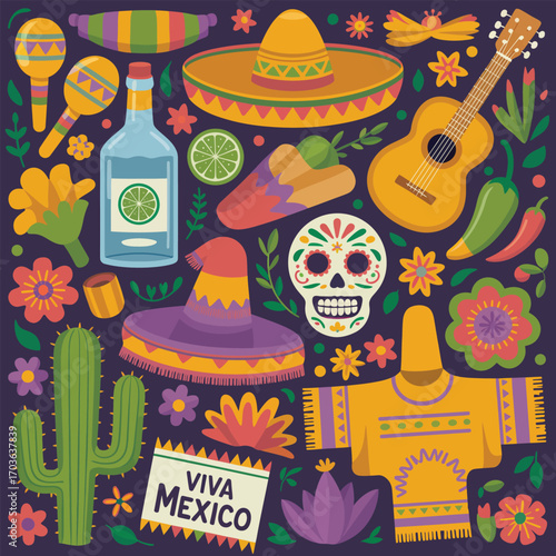 Colorful Mexican Fiesta Elements Scattered on Dark Purple Background Keywords: sombrero, maracas