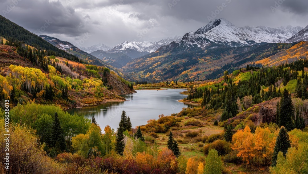 Fototapeta premium Autumnal mountain lake scene under a cloudy sky with colorful trees