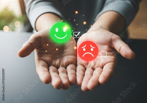 Wallpaper Mural A person of Asian descent shows two emoticons in their hands, symbolizing happiness and sadness, reflecting emotional balance. Torontodigital.ca