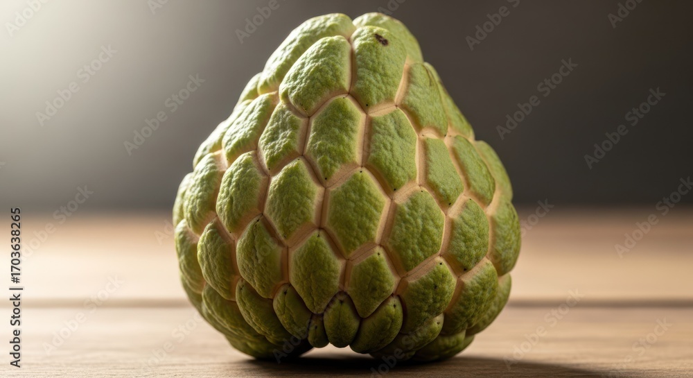 Obraz premium Close up of a whole custard apple on a wooden surface, still life
