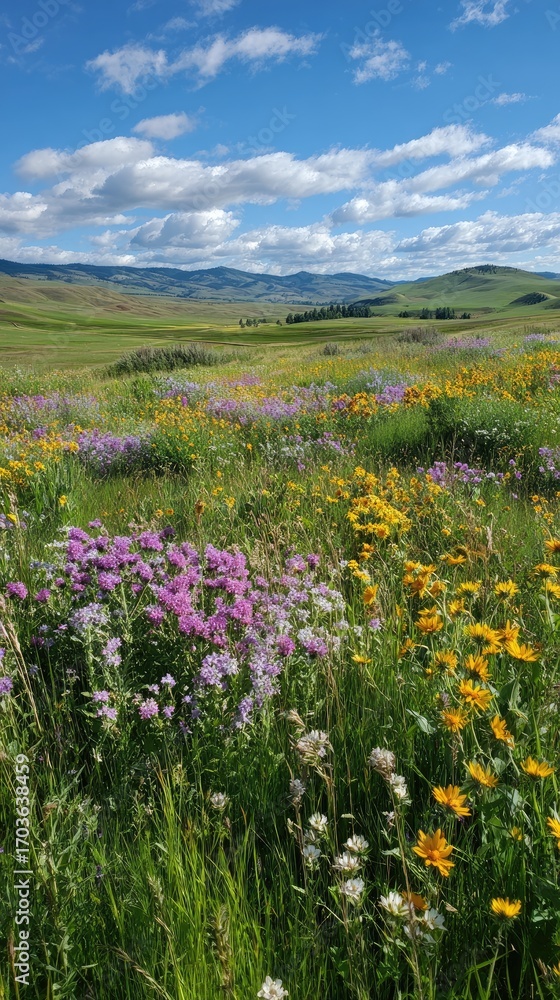 Obraz premium Wildflower meadow with rolling green hills under a bright blue sky
