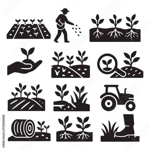 Agriculture and farming icons set on white background Keywords: agriculture, farming, planting