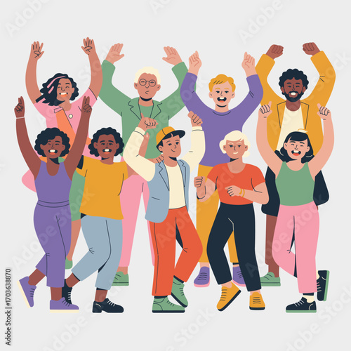 Excited diverse group of people celebrating with raised hands and smiles celebration