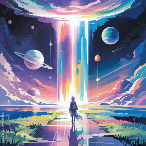 Figure in cloak watches colorful cosmic beam over alien planet and reflective water