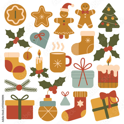 Flat design Christmas elements including gingerbread cookies and gifts Keywords: christmas