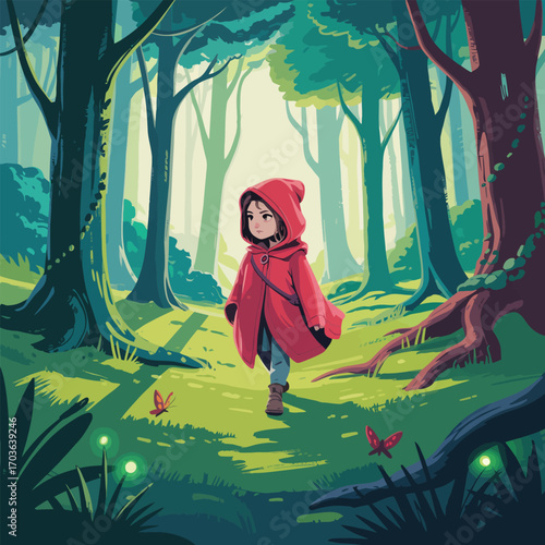 Girl in red hooded cloak walking on a path in a vibrant green forest with butterflies