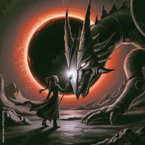 Girl with staff facing a mechanical dragon during a dramatic solar eclipse fantasy