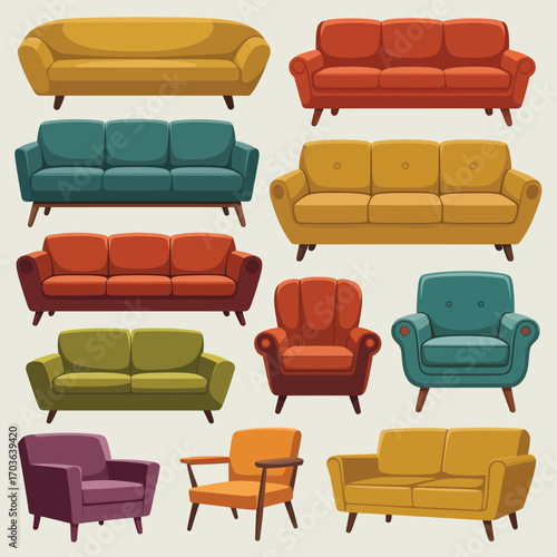 Group of vintage style sofas and armchairs in warm and cool tones couch furniture