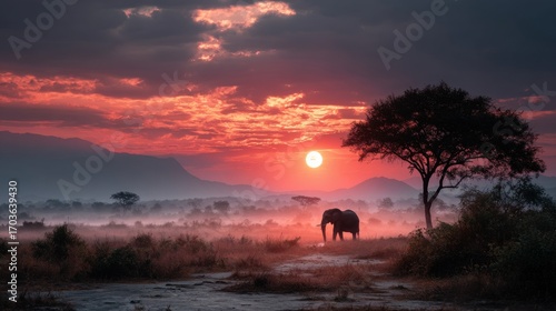 Silhouette of an elephant walking at sunset on the savannah
