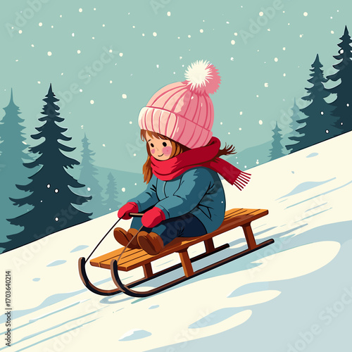Young girl sledding downhill in snowy forest illustration