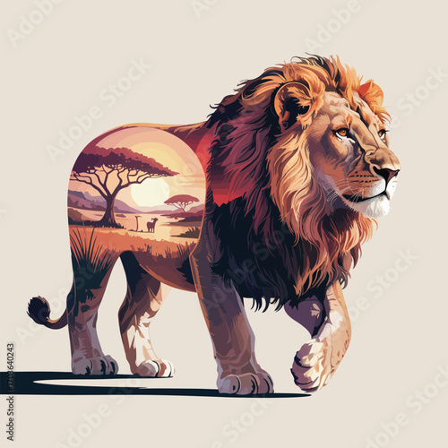 Lion walking with African savanna landscape and sunset inside its body animal big cat