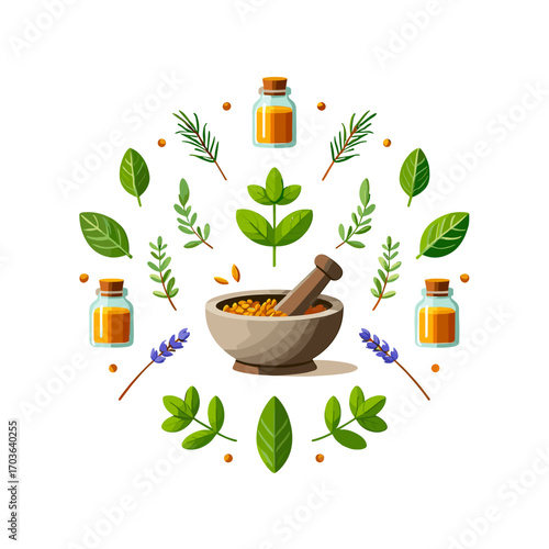 Herbal medicine set with leaves bottles and mortar in flat style