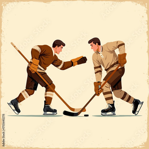 Two hockey players facing off on ice in vintage style