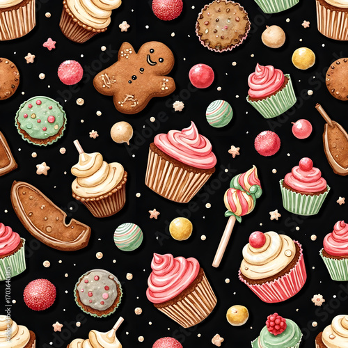 Seamless pattern of cupcakes and gingerbread man on black background